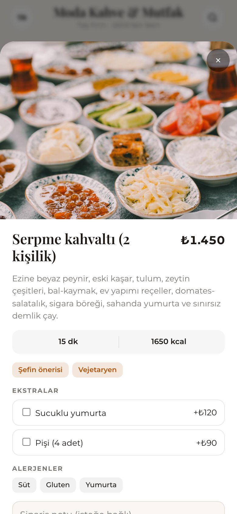 Ürün detayı: süre, kalori, gramaj, alerjen